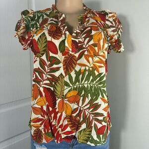 Rose & Olive Blouse Womens sz S Multicolor Tropical Flutter Sleeve Vacay